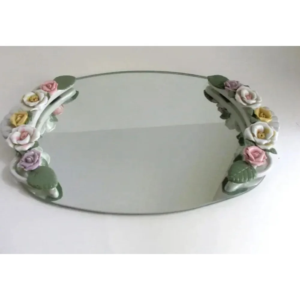 Vanity Porcelain Makeup Mirror with Spaghetti Flowers 9